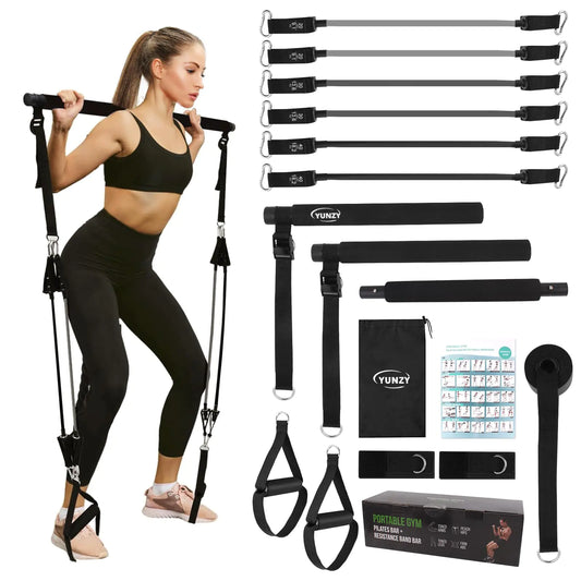 YUNZY™ Pilates Bar Kit with Resistance Bands – Adjustable Metal Bar, Door Anchor & Full Body Flexbands (Black)